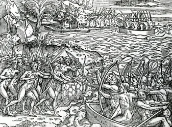 Kriegsszene, Brasilien, Illustration aus "Singularities of France Antarctique" von Andre de Thevet, 1558