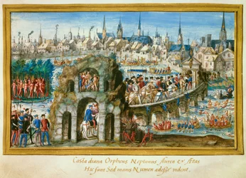 Wasserspiele organisiert von der Stadt Rouen anlässlich des königlichen Einzugs von König Heinrich II. (1519-1559) und Katharina de Medici (1519-1589) am 01.10.1550. Rekonstruktion links eines Dorfes von Indianern in Brasilien. Miniatur