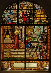 Fenster Charnier-10 zeigt Manna vom Himmel; Christus und die Hostie.