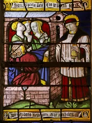 Fenster mit dem Heiligen Nikolaus, der Geld für den Vater von drei Mädchen hinterlässt, um ihre Prostitution zu vermeiden (Buntglas)