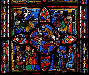 Fenster, Darstellung des zweiten Abschnitts des Fensters w7: In der Mitte ist die Kreuzigung des Heiligen Petrus; anderswo ist Heiliger Petrus vor Nero; Heiliger Petrus im Gefängnis; der Teufel nimmt eine Seele