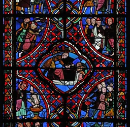 Fenster, Darstellung des dritten Abschnitts des Heiligen Jakobus-Fensters, w5: Nicht alle Szenen wurden identifiziert, aber eine Taufe ist zu sehen und möglicherweise das Martyrium des Heiligen