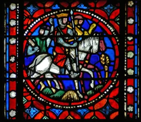 Fenster s1-R, eine Szene aus der Reise des heiligen Bonnet nach Rom darstellend; Ritter kehren aus der Schlacht zurück