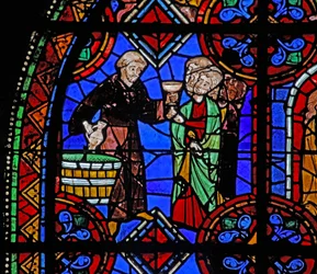 Fenster w06, Darstellung von Pilgern am Grab des Heiligen Julian von Brioude, wo Wein verteilt wird