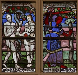 Fenster w101, Darstellung von Adam und Eva und der Schlange; Vertreibung aus dem Paradies