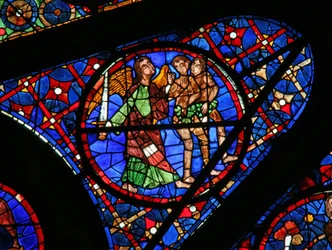 Fenster w115, Adam und Eva, die aus Eden vertrieben werden, darstellend