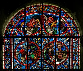 Fenster Nr. 12-L, Darstellung von Engeln tragen Seelen ins Paradies; fragmentarisches Panel - ein Bischof? der Schoß Abrahams