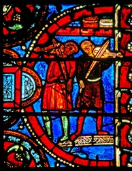 Fenster w12, Szene aus der Geschichte vom verlorenen Sohn: die Musiker üben vor dem Fest der Rückkehr des Sohnes