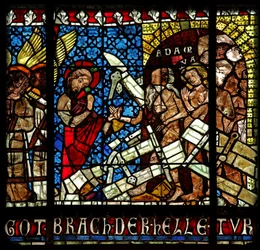 Christus, begleitet von einem Engel, steigt in die Hölle hinab, bricht die Tore und findet Adam und Eva