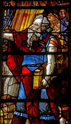 Fenster w16, Moses (Kopf modern) organisiert das Sammeln des Manna (einige Figuren sind Kopien von Michelangelo-Figuren)
