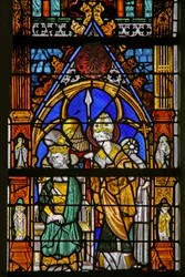 Fenster w19 mit Darstellung von Thomas Becket und Heinrich II., die uneinig sind