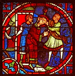 Fenster w1, Darstellung des Heiligen Stephanus, der zur Steinigung geführt wird