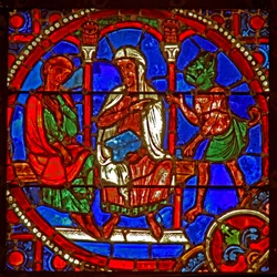 Fenster w1, Szene aus der Theophilus-Geschichte: Er wird von einem Magier dem Satan vorgestellt