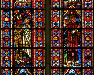 Fenster w212 zeigt eine Szene aus der Theophilus-Geschichte: der Teufel bringt ihn zum Wucherer Salatin