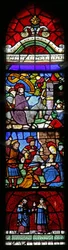 Fenster w22, das den Einzug in Jerusalem; die Anbetung der Heiligen Drei Könige; St. Kosmas und Damian darstellt