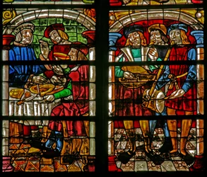 Fenster w232 zeigt eine Szene aus der Geschichte vom verlorenen Sohn: das Fest der Rückkehr des Sohnes