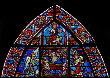 Fenster w23, Darstellung von St. Julian Hospitalier und seiner Frau, die sterben und in den Himmel kommen