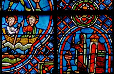 Fenster w23, Darstellung von St. Julian Hospitalier, der Christus jede Nacht auf der anderen Seite des Flusses trifft