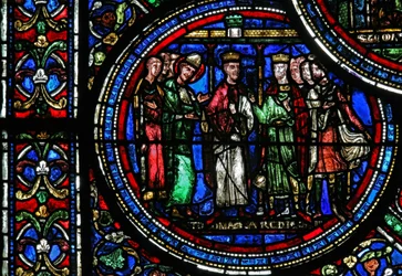 Fenster w23, Darstellung des Heiligen Thomas Becket mit Heinrich II. und Ludwig VII.