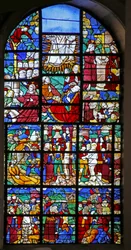 Fenster w27, Darstellung von Szenen aus dem Leben der Heiligen Barbara und der Passion und Verklärung