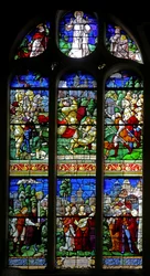 Fenster w30, Darstellung von David erschlägt Goliath; er kehrt mit dem Kopf zu den Töchtern von Judäa zurück