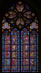 Fenster w30, Darstellung von neu eingesetzten Tafeln der Schöpfung, mit Adam und Eva und Kain und Abel: neu eingesetzte Tafeln