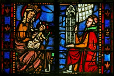 Fenster w37, Jungfrau und Kind und Stifter bietet ein Fenster an