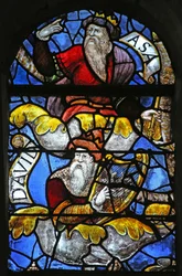 Fenster w3 mit Darstellung von Asa und David am Jessebaum
