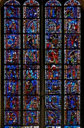 Fenster w53, Darstellung von Szenen aus dem Leben der St. Katharina, St. Nikolaus, St. Johannes der Täufer, St. Stephanus