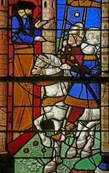 Fenster w8, das St. Augustinus darstellt, der den Grafen von Afrika, Bonifatius, besucht, um die Menschen von Hippo vor den Vandalen zu schützen