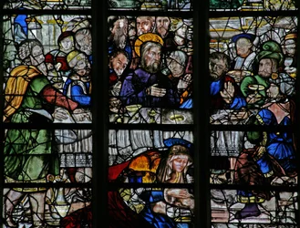 Fenster w9, Darstellung der Ereignisse im Haus von Simon: Maria Magdalena wäscht die Füße Christi