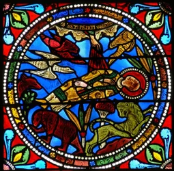 Fenster wXVII mit dem toten Körper des heiligen Stephanus, der den Tieren überlassen wird (?)