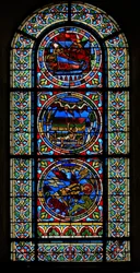 Fenster wXVII mit drei zusammengesetzten Tafeln: zwei im Zusammenhang mit Stephanus, die andere aus einer Geburtsszene