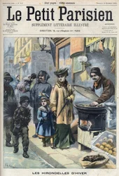 Winterschwalben: Ein junger Schornsteinfeger auf der Straße, bedeckt mit Ruß. Auf dem Bürgersteig ein Polizist, eine Mutter und Tochter mit einem Kastanienverkäufer. Gravur in "Le Petit Parisien"