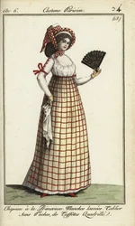 Frau mit Primerose-Hut Mode von 1798 (handkolorierte Kupferstichgravur)