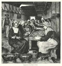 Frauen bereiten Sardinen vor