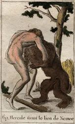 Arbeiten des Herkules: „Herkules tötet den Löwen von Nemea“. Aus „Mythologie der Jugend“ von Pierre Blanchard 1803.