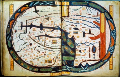 Weltkarte von Saint Sever. Miniatur aus den Kommentaren zur „Apokalypse nach Johannes“ von 775, geschrieben von dem Mönch Beatus von Liebana