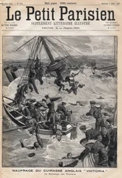 Wrack des englischen Panzerschiffs „Victoria“ nach einer Kollision an der Küste Syriens und Rettung der Opfer. In „Le Petit Parisien“ am 09.07.1893 (Gravur)