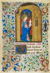 Miniatur der Heiligen Barbara unter einem goldenen Bogen, eine Palme und ihren Turm tragend, mit einem vollständigen Blattwerkrahmen, zu Beginn ihres Gebets, aus den 