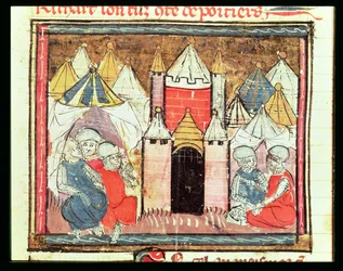 f.259r Die Belagerung von Château-Gaillard im Jahr 1204, als Philipp II. August von Frankreich (1165-1223) König Johann (Ohneland) von England (1199-1216) besiegte, aus den Grandes Chroniques de France, 1375-79