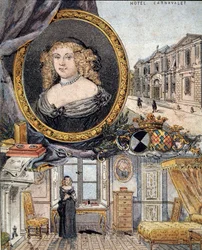 Porträt von Marie de Rabutin-Chantal (Rabutin Chantal), Marquise de Sevigne, bekannt als Madame de Sevigne (1626-1696) und ihr Wohnsitz Hotel Carnavalet.