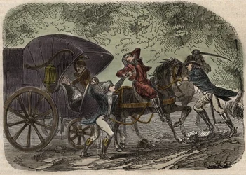 Die Lyoner Postkutschenaffäre - Affaire du courrier de Lyon - die Postkutsche wird am 28. April 1796 in Seine-et-Marne von 5 Personen überfallen - Gravur in „Causes celebres de tous les peuples“ von Armand Fouquier (1817-18?) 1858-1867 - private Sammlung