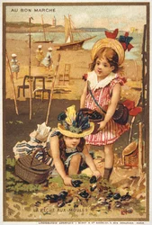 Vintage Postkarte mit Kindern am Strand