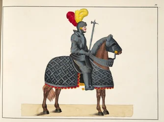 Ritter in Rüstung auf seinem Pferd, Platte aus 