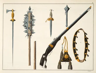 Waffen einschließlich einer Muskete, ca. 1400, Platte aus 
