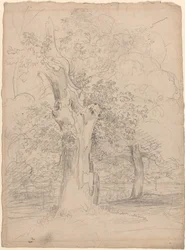 Ein alter Baum mit Figuren in einer Landschaft