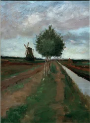 Mühle und Straße mit Birken
