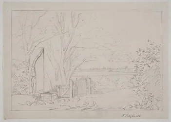 Landschaft mit Wippbrunnen im Vordergrund