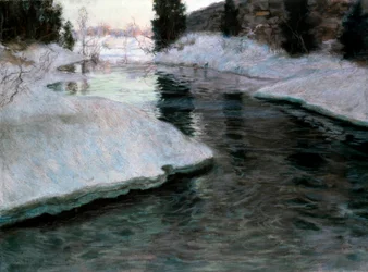 Das Tauen des Eises: der Fluss Lysaker. Gemälde von Fritz Thaulow (1847-1906). Pastell auf Leinwand. Private Sammlung.